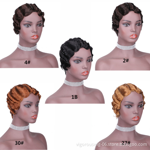 Vigorous Short Curly Cute Nuna Wigs Pixie Wigs for Women Finger Wave Human Hair Wig Wine Red
